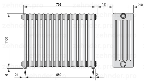 Схема (чертеж) Радиатор Zehnder Charleston 6110/16 №3570 Белый глянцевый RAL 9016